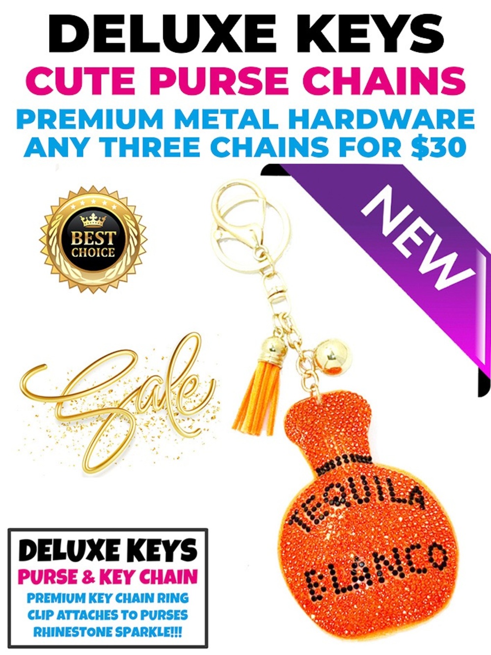 DeLuxe Keys Rhinestone Keychain/Purse Chain TEQUILA BOTTLE